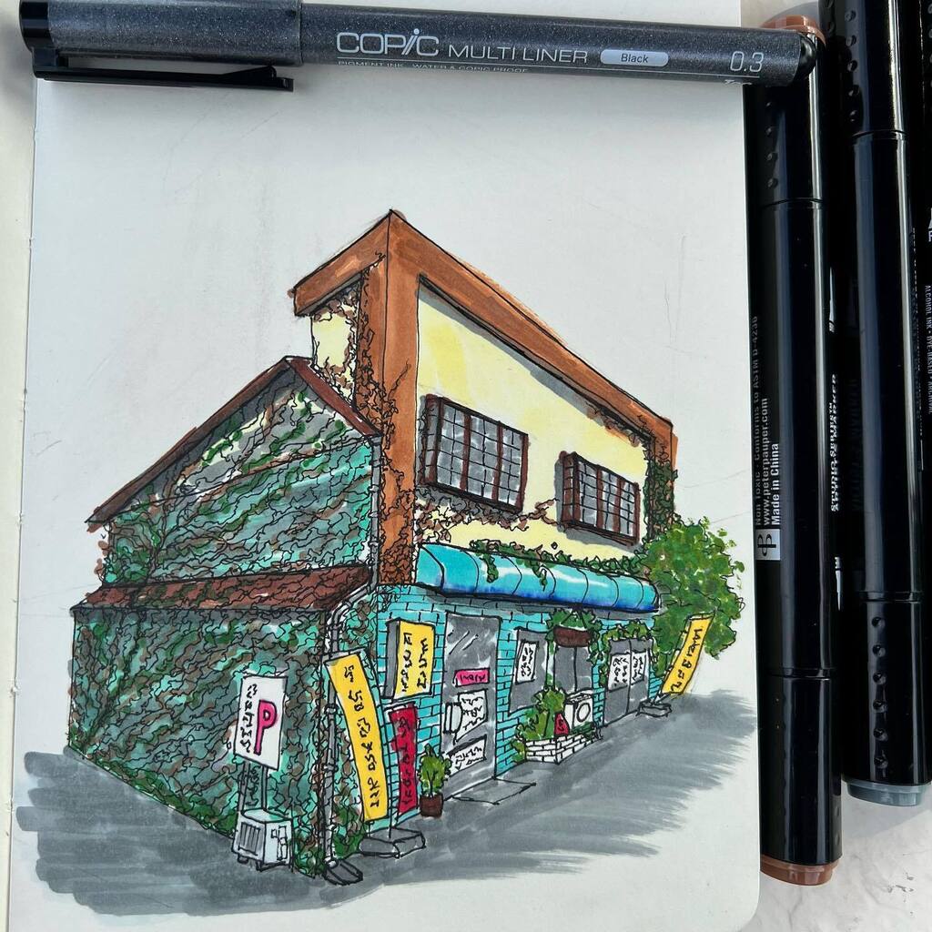More building sketches with alcohol ink for the <a href="/housesketcher/">housesketcher</a> <a href="/domestika/">Domestika</a> course. Having fun with the style of sketching. It is pushing me out of my comfort zone to exaggerate details, but I like the results. #sceneoneart #alwayslearning #urbansketchers #exaggeratedreality #…