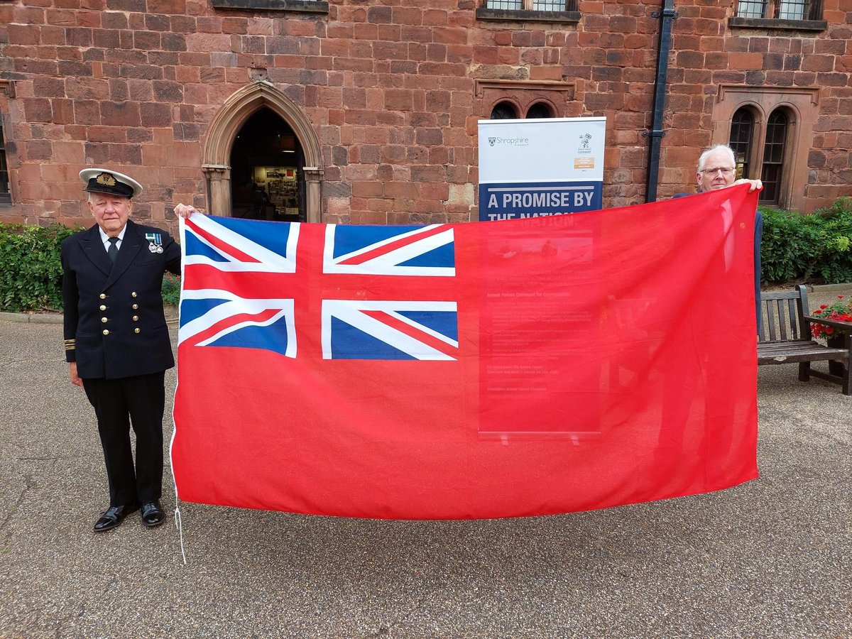 ShropCovenant's tweet photo. The Red Ensign flying above Shrewsbury Castle to celebrate #merchantnavyday2022. Thanks to those that joined us to mark the occasion. We fly the Ensign to symbolise all the work that has been done and is continuing to be done by the Merchant Navy.  @ShropCouncil @ShropshireStar https://t.co/vtAxLhbrNp
