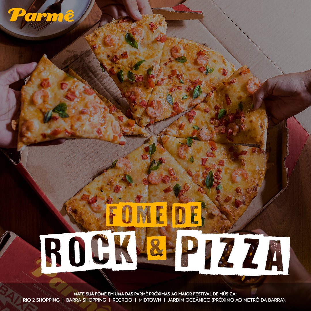 parmebr's tweet photo. Hoje é dia Rock e Pizza BB!! 🎸🤟

Mate sua fome em uma Parmê próxima do festival:🍕

📍Rio2 , Barra Shopping, Recreio, Midtown, Jardim Oceânico.

 Ou Peça pelo site ou app Parmê com entrega grátis.

#pizza #pizzarock #diaderockbb #parmebr https://t.co/fjuJfydPQ4