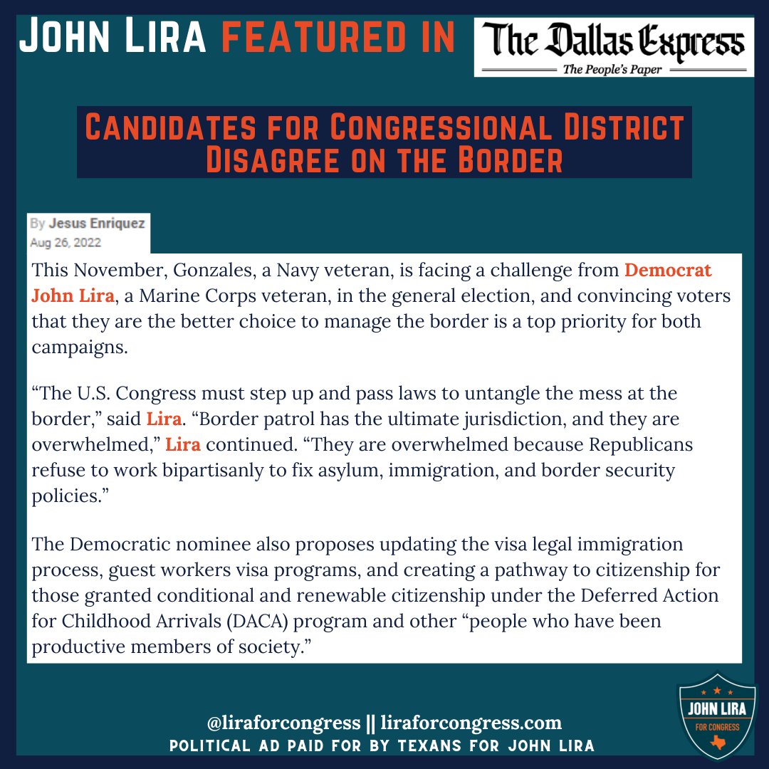 LiraForCongress's tweet photo. ICYMI @MyDallasExpress compared my stance on humane #immigrationreform w/the incumbent who is running a tourist operation with R members of Congress to exploit and devalue our border towns Time to #VoteLira & #VoteTonyOut.
#TeamLira #TexansforJohnLira #GOTV2022 #TX23 https://t.co/x10Gqf1Zy6