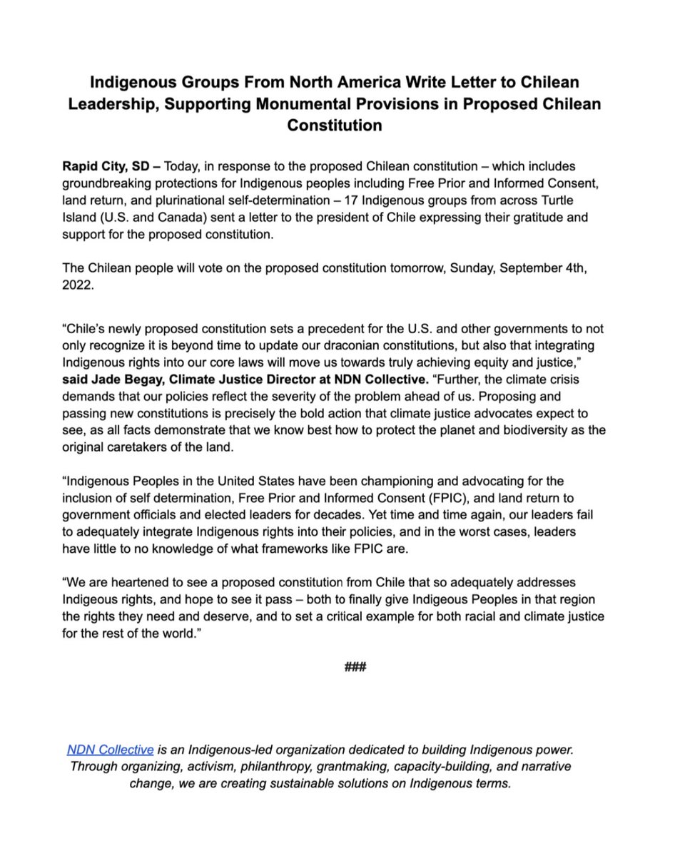 🔴 AHORA: 17 organizaciones indígenas de EEUU y Canadá envían carta al Presidente @gabrielboric manifestando su gratitud y apoyo al nuevo texto constituyente.