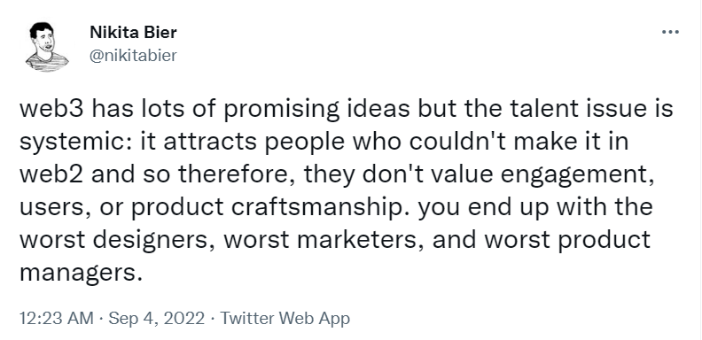 championswimmer's tweet image. People are finally starting to figure out that creating absolutely ridiculous financial incentives for builders leads to only one type of individual attracted to the ecosystem - scamsters.
And that is what every crypto founder today is - a grifter.