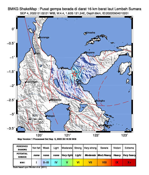 #Gempa Mag:4.4, 04-Sep-22 01:02:01 WIB, Lok:1.60 LS, 121.24 BT (Pusat gempa berada di darat 16 km barat laut Lembah Sumara), Kedlmn:6 Km Dirasakan (MMI) II - III Morowali Utara #BMKG