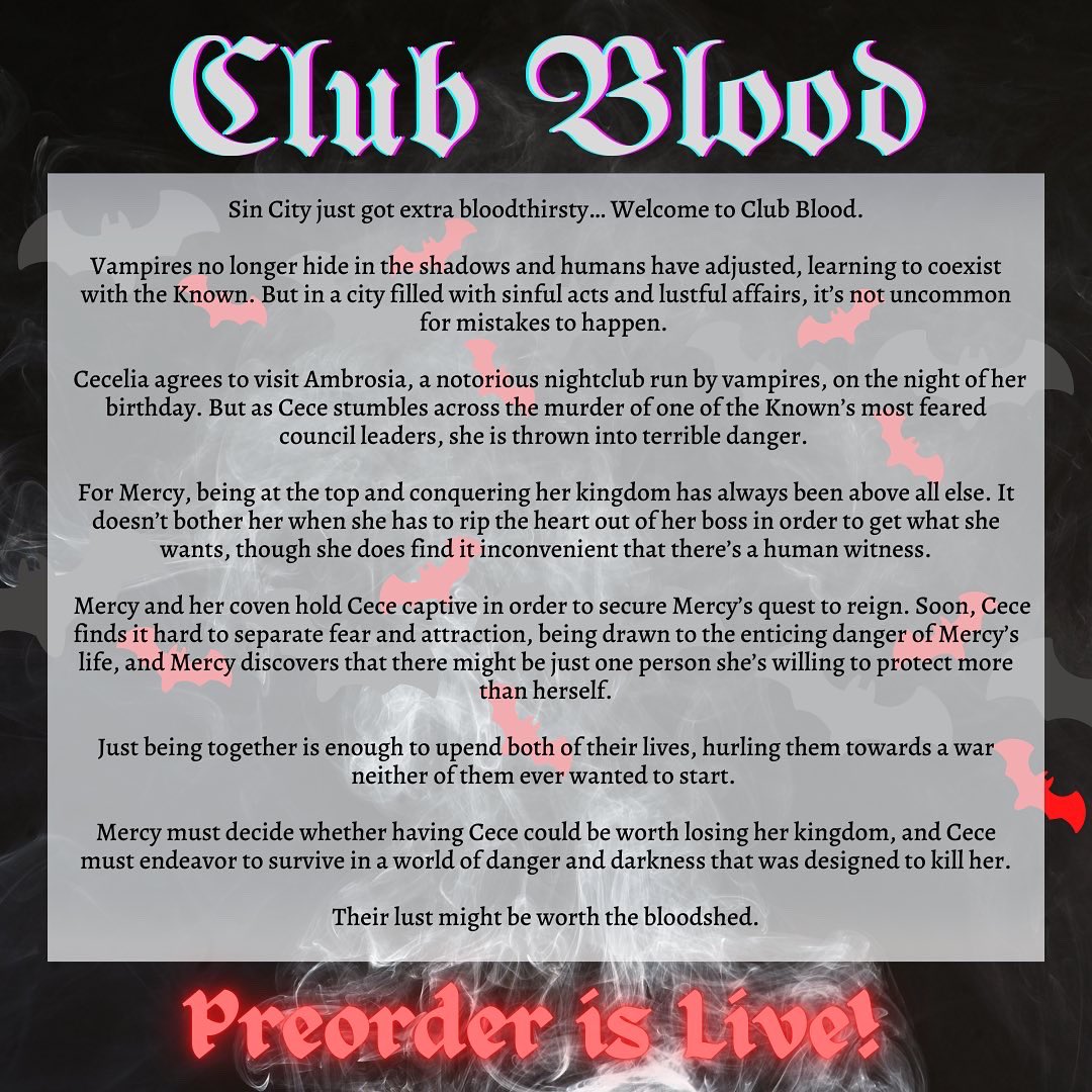 If anyones looking for a new read this spooky season, Club Blood is officially up for preorder! 

🦇 Mafia x Vampires
🧛‍♀️ Sapphic (f/f)
🫦 Super spicy 
🩸 Lil bit of unaliving (okay, lots of it 😈)

Preorder here: books2read.com/u/3nXnl8

#ClubBlood #DarkRomance #Preorder