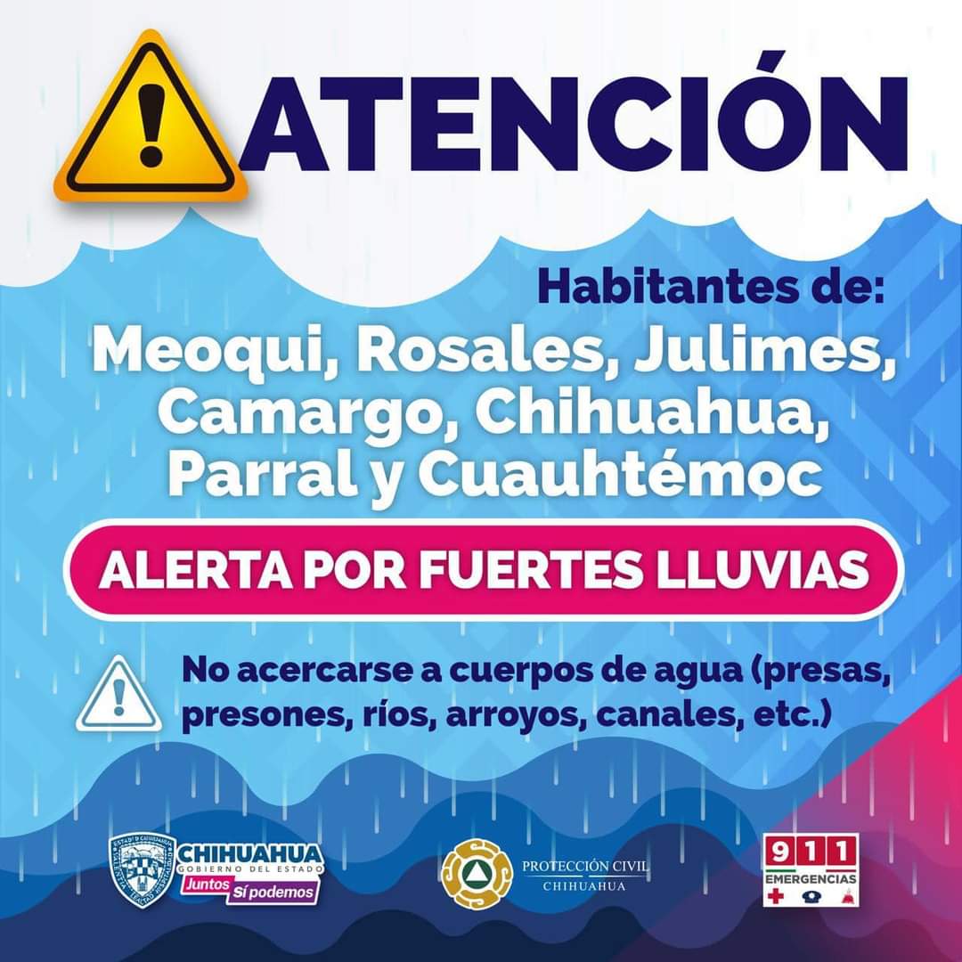 CEPC_Chih's tweet image. ⚠️ALERTA ANTE LA PRESENCIA DE FUERTES LLUVIAS EN ALGUNAS REGIONES DEL ESTADO.⚠️