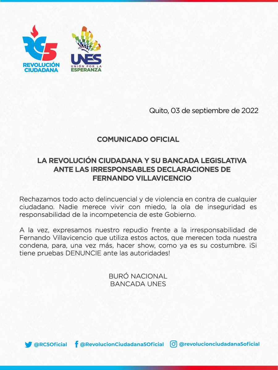 BinomioRC's tweet photo. #ComunicadoOficial📝| Rechazamos todo acto delincuencial. Los ecuatorianos no merecemos vivir con miedo.
Repudiamos las irresponsables declaraciones de @VillaFernando_ quien usa la inseguridad, fruto de la incompetencia del Gobierno, para su show político. https://t.co/xmZ4CEsOY9