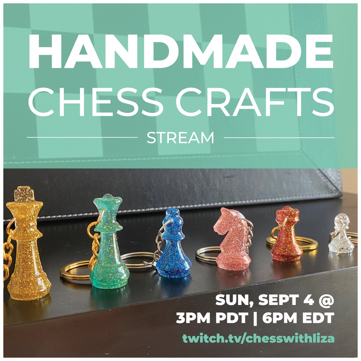 ChessWithLiza's tweet photo. Interesting #twitch stream tomorrow planned!

You can choose colours for my #chess pieces while keeping me company during the process <3 I will also show how to make keychains, pins &amp; magnets!

See you tomorrow!
https://t.co/XFjVqgCRqD https://t.co/st6IsJnE5s