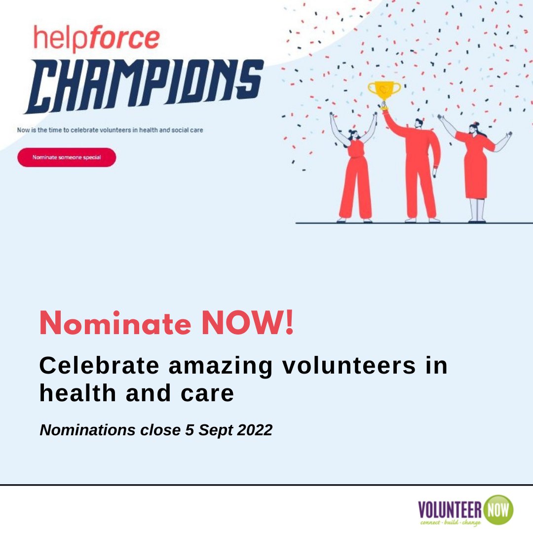 VolunteerNow1's tweet photo. Do you know an inspirational volunteer who has exceeded expectations? If so, why not celebrate their amazing contribution to our health and care system and nominate them for the #HelpforceChampions awards! All categories can be found here: https://t.co/SyF8586Cyq @help_force https://t.co/4I3bnJ7LU9
