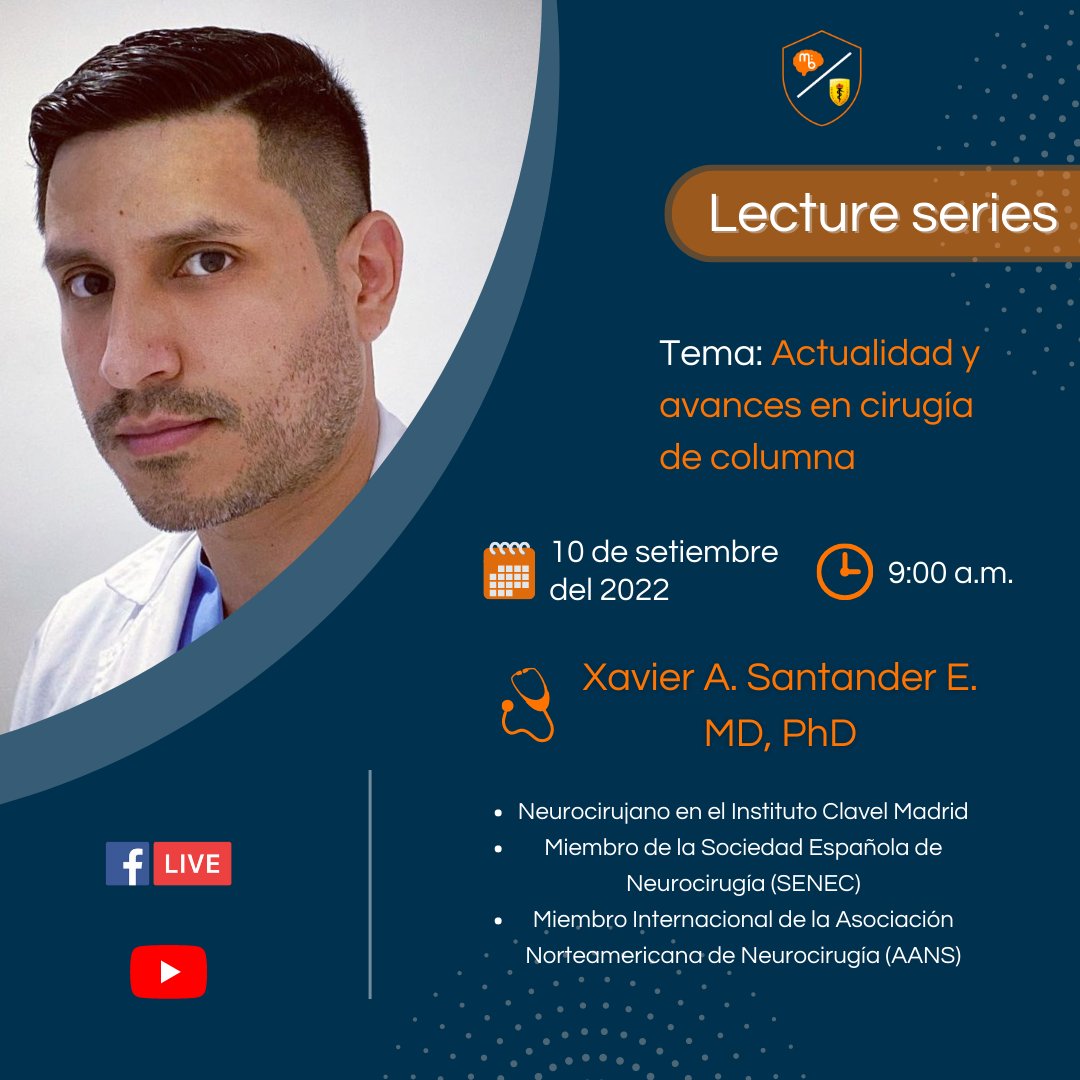 MBCayetano's tweet photo. Tendremos nuestra quinta conferencia de "Lecture Series Mission:Brain Cayetano" sobre Actualidad y avances en cirugía de columna a cargo de Xavier A. Santander E. MD, PhD.
🗓️Fecha: Sábado 10 de setiembre
⏰Hora: 9:00 (GMT-5)
Registro: https://t.co/DYbYQ4HVPu https://t.co/ahDXeOVHUy
