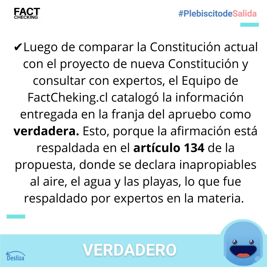 factcheckingcl's tweet image. 📢La propuesta de nueva Constitución establece el agua y el aire como bienes inapropiables, incluyendo las playas del país. 

Lee la verificación completa aquí: bit.ly/3wWIcMF 

#PlebiscitoConstitucional #NuevaConstitucion #Apruebo #Rechazo #Desinformacion #Fakenews