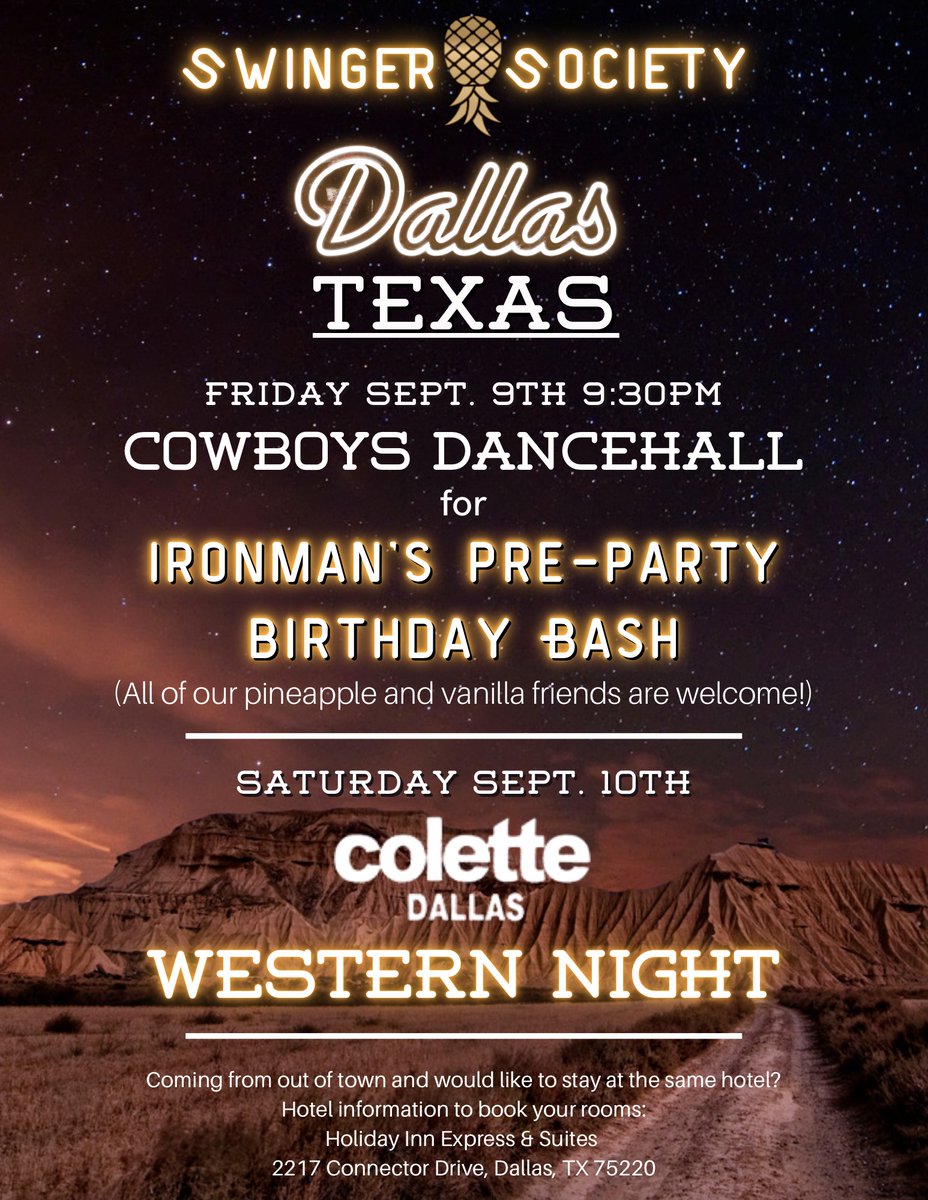 NorthMnSouthF's tweet photo. Are you ready, DALLAS, TX?!
We are one week away from our Dallas takeover event!!
Get signed up on https://t.co/ScjC2VCFN2 to RSVP and connect with others who are going!
#dallastx #dallastakeover #colettedallas #swingersociety #swingersocietytakeover #theswingnation https://t.co/q6RWVZL7Pl