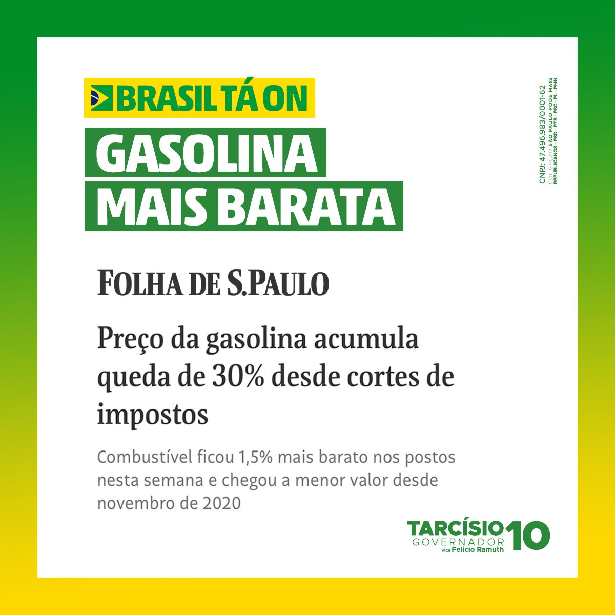O preço da gasolina caiu novamente! O trabalho do presidente <a href="/jairbolsonaro/">Jair M. Bolsonaro</a> deu resultado. Hoje acumulamos queda de 30% no valor do combustível. Isso quer dizer que o brasileiro vai pagar menos em produtos e serviços, e que a comida vai chegar mais barata na mesa de todos.