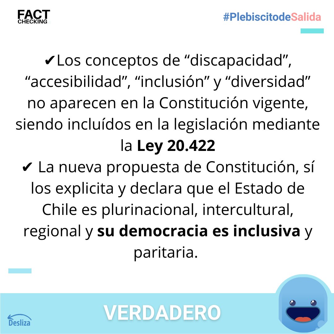 factcheckingcl's tweet image. 📢Los conceptos de “discapacidad”, “accesibilidad”, “inclusión” y “diversidad” no aparecen en la Constitución vigente, siendo incluidos en la legislación mediante la Ley 20.422. 

Lee la verificación completa en el link: bit.ly/3TKG4S2

#PlebiscitoChile #Apruebo #Rechazo