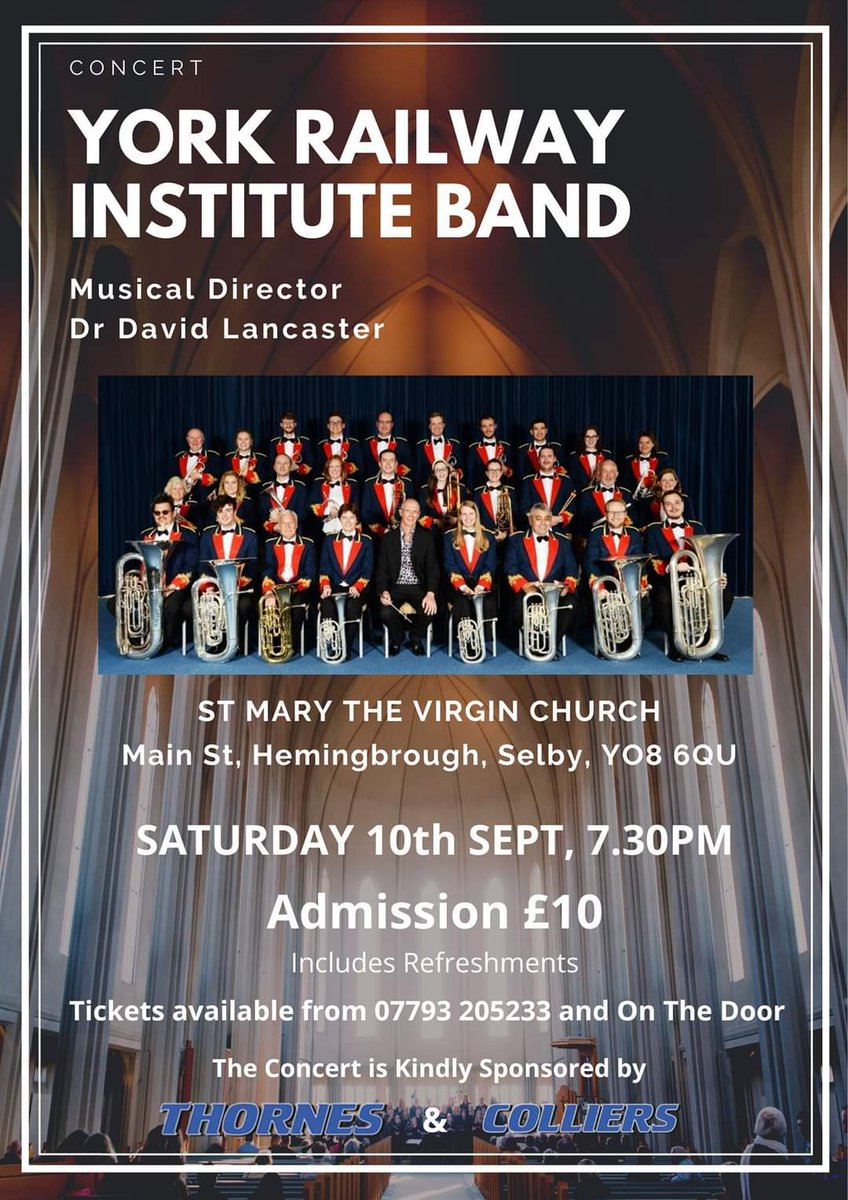YorkRIBand's tweet photo. The band is looking forward to the start of its busy autumn season of concerts at Hemingbrough on Saturday 10th September. Programme highlights include -

Festive Overture
Rhapsody in Brass
Light Walk
Procession to the Minster
Songs of the Quay
Os Justi
Jupiter #hemingbrough https://t.co/VS9RXoGq0p