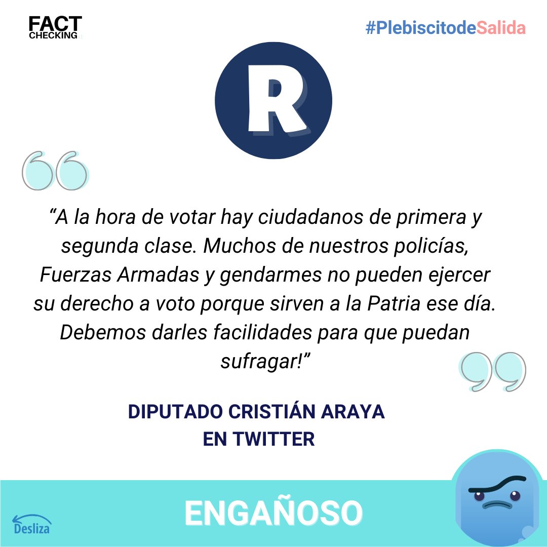 factcheckingcl's tweet image. 📢Las Fueras Armadas tienen derecho a voto al igual que otros ciudadanos.

Lee la verificación completa en el link: bit.ly/3wUQXXj

#PlebiscitoChile #NuevaConstitucionParaChile #Apruebo #Rechazo