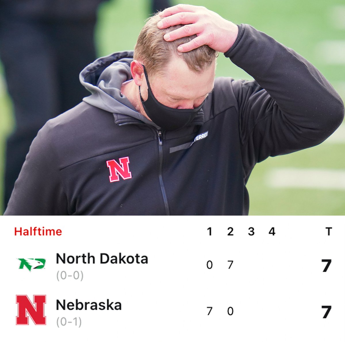 FanDuelSports's tweet photo. Nebraska was a 𝟯𝟰.𝟱 𝗽𝗼𝗶𝗻𝘁 𝗳𝗮𝘃𝗼𝗿𝗶𝘁𝗲.

Huskers are tied at halftime with FCS North Dakota 😳 https://t.co/iNF1DPJTkO