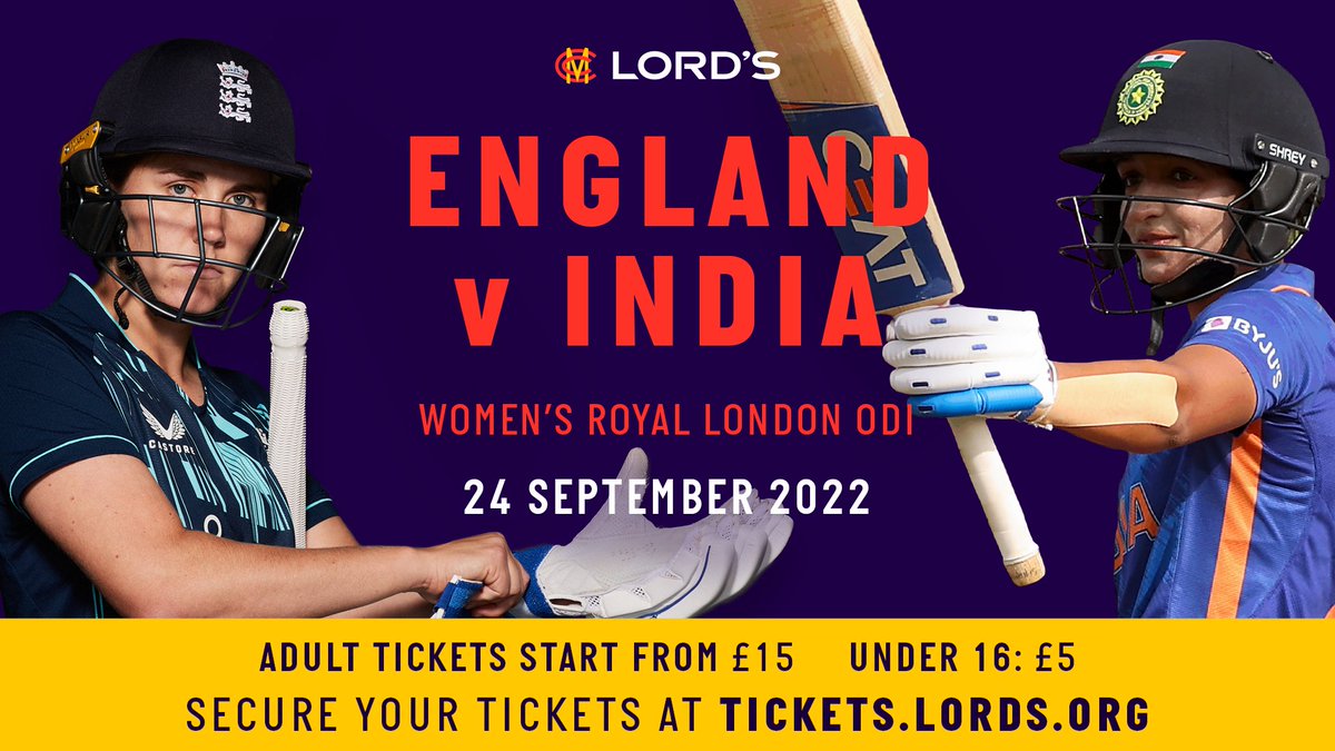 Watch <a href="/englandcricket/">England Cricket</a> take on India in the Women's Royal London ODI at Lord’s on Saturday 24 September.
 
🎟 We are offering a family bundle for this fixture: two adult &amp; two child tickets (u16) are just £50.

Purchase: tickets.lords.org

#LoveLords