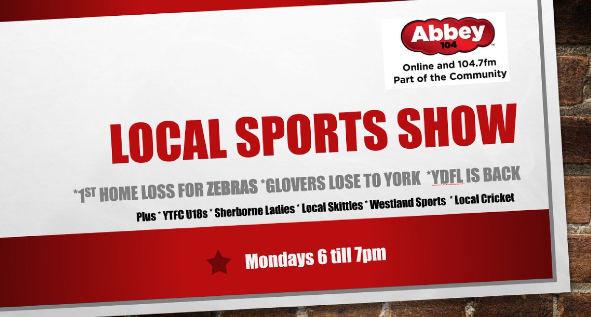 On Monday night's #LocalSportsShow on <a href="/Abbey_104/">Abbey104</a> we have <a href="/SherborneTownFC/">Sherborne Town FC</a> <a href="/SherborneLFC/">Sherborne Town Ladies FC</a>, <a href="/YTFC/">Yeovil Town FC</a> , <a href="/ytfcacademy/">Yeovil Town Academy</a>, <a href="/Westland_Sports/">Westland Sports FC</a>, <a href="/yeovilleague/">Yeovil League</a>, <a href="/sherbornecc/">Sherborne CC</a>, <a href="/YeovilCricket/">Yeovil Cricket Club</a> &amp; <a href="/fridayskittles/">Yeovil Friday Skittles</a>. As you can see it will be jam-packed!! KO at 6pm.