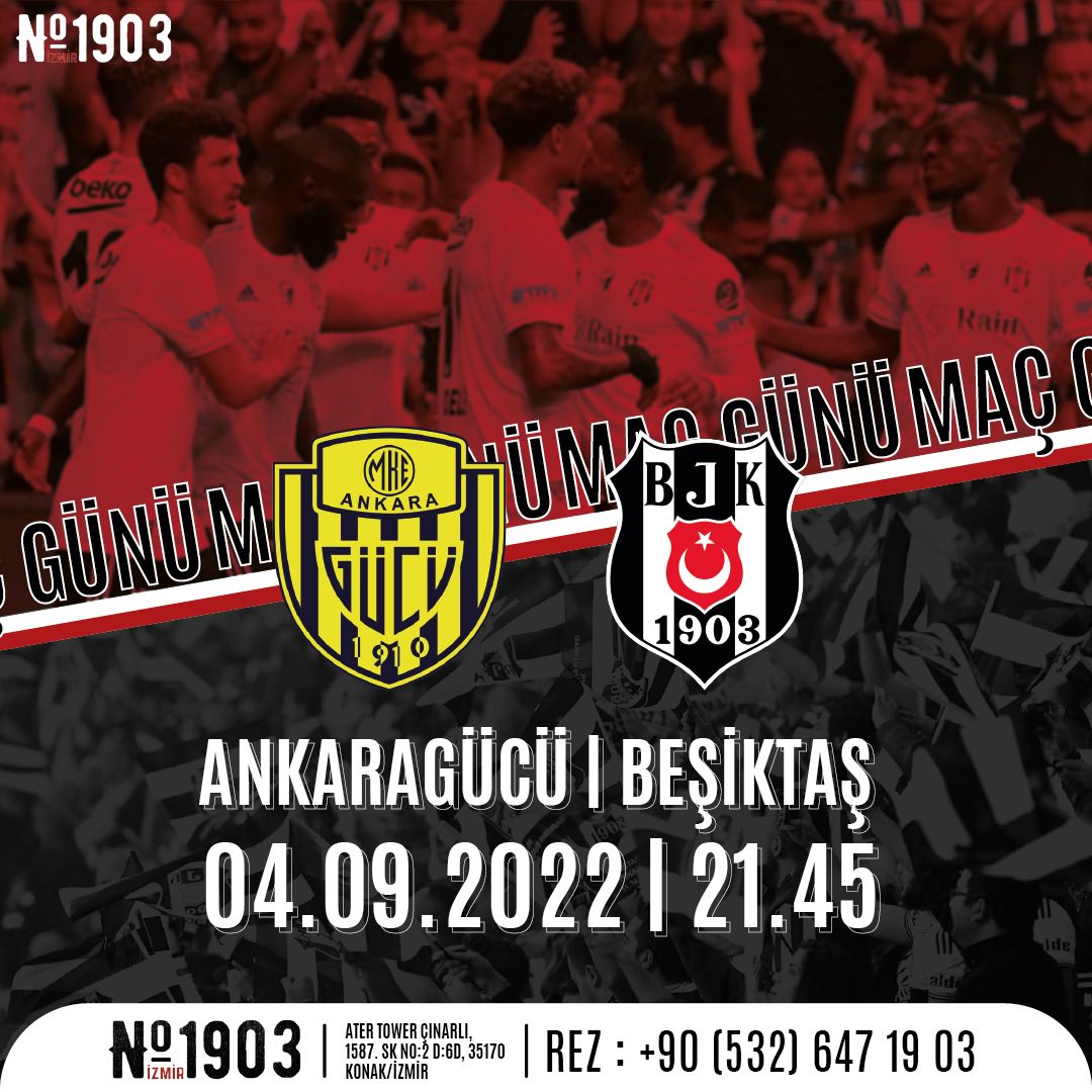 izmirbjkdernegi's tweet photo. #BugünBeşiktaşınMaçıVar
🏟 #no1903izmir
#AterTower Çınarlı, 1587. Sk No:2 D:6, 35170 Konak/İzmir
⏰ 20.00(Maç Önü Özel)
🕰 21.45 (Maç Saati)
Rez 📞 +90(532) 647 1903 https://t.co/8oRGvXJjwo