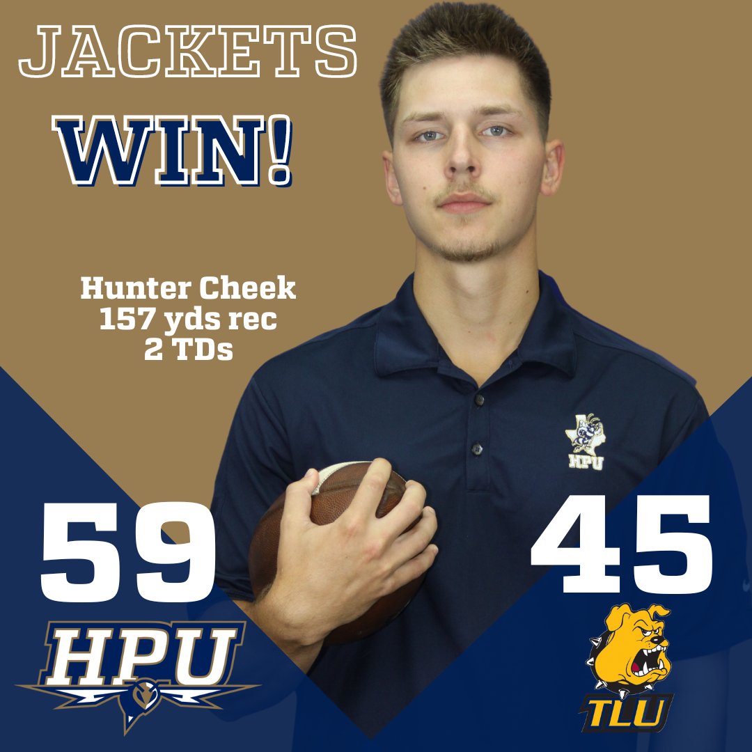 hputxfootball's tweet photo. Yellow Jackets win 59-45 at Texas Lutheran
Hunter Cheek - 157 yds rec. - 2 TDs
Landon McKinney - 496 yds passing - 4 TDs
Jarett Brown - 10 tackles https://t.co/d4aiI8k5JX