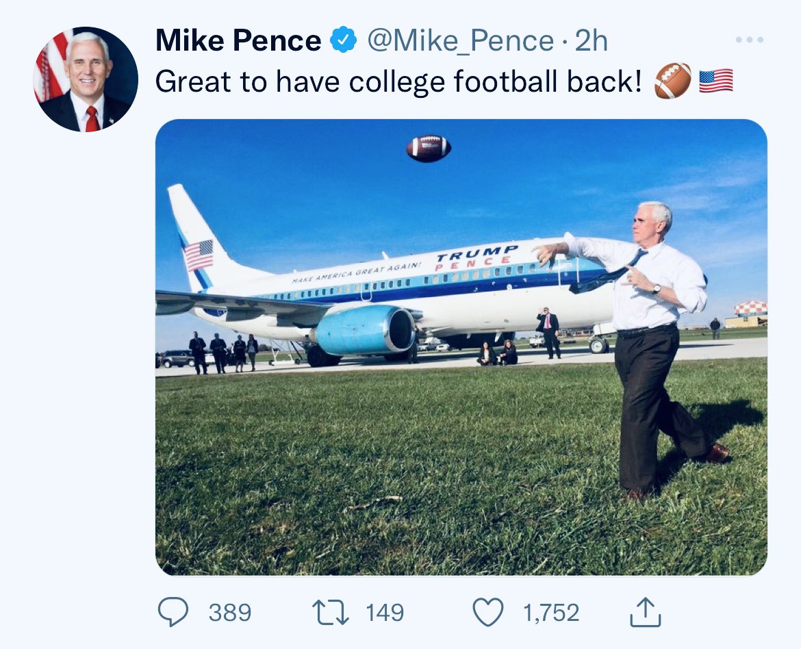 My only takeaway from this pic is that Mike Pence couldn’t find anybody to toss a football with…