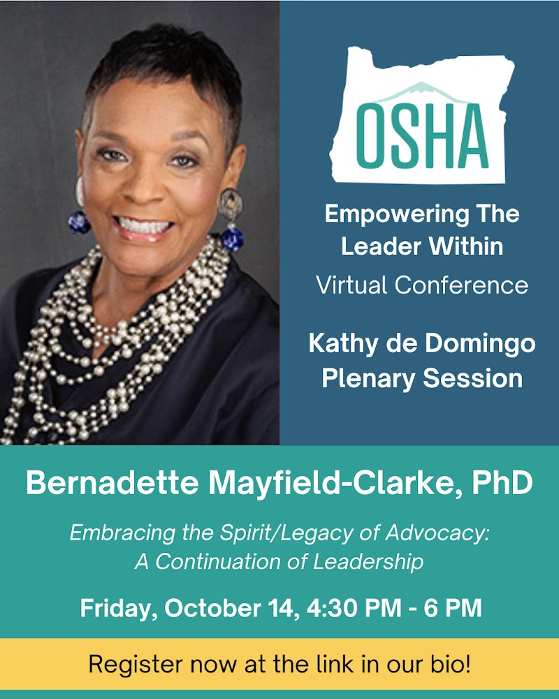 OregonSHA's tweet photo. Join us at this year’s OSHA fall conference for the “Kathy de Domingo” Plenary Session, featuring Dr. Bernadette Mayfield-Clarke on Friday at 4:30 pm. Can’t wait to see you there!

Register at: https://t.co/TXdknsYwVr

#speechlanguagepathology #slp  #aud #audiology #oregon #pnw https://t.co/O6WkrgC1HO