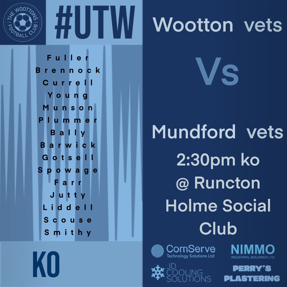 Our 1st outing as <a href="/thewoottonsfc/">The Woottons FC</a> Vets as we host <a href="/MundfordFC/">The Stags 🦌</a> Vets, come down and support the lads in what’s due to be a cracking game.
<a href="/NCFAVetsLeague/">The Norfolk FA Veterans League</a> 
#WoottonVets