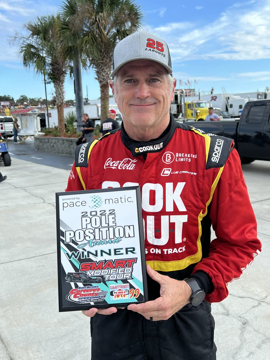 SMARTMods_'s tweet photo. .@Bobby_Labonte wins the Pace-O-Matic Pole Position Award for his quick time in qualifying. After the redraw his @CookOut 25 will start P1 for tonight’s Carteret Clash at @carteretcoswy #Clash99 https://t.co/nNcqaa1INx
