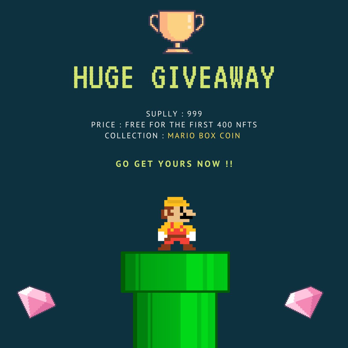 GODSPROM's tweet photo. 🎁 HUGE MINT GIVEAWAY🎁

MARIO BOX COIN COLLECTION MINT PRICE IS FREE 
FOR ONLY THE FIRST 400 NFTS !!😍😍

Prize: 
🏆3 $SOL💵
🏆10 FREE NFTS 

RULES : 
1⃣ Follow @GODSPROM+ @MarioBOXCOIN
2⃣RT + ❤️
3⃣Tag 2 friends

🔔24 hours🔔
#Solana #SolanaGiveaways #NFTGiveaway https://t.co/bVM4kax4vI