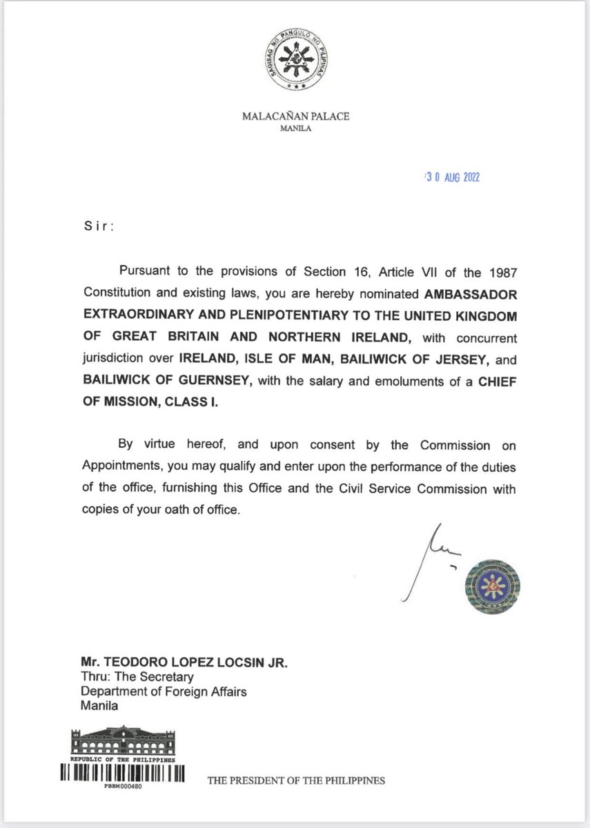 Congratulations Ambassador <a href="/teddyboylocsin/">Teddy Locsin Jr.</a> on your appointment as the Philippine Ambassador to the United Kingdom of Great Britain and Northern Ireland. 👏👏👏