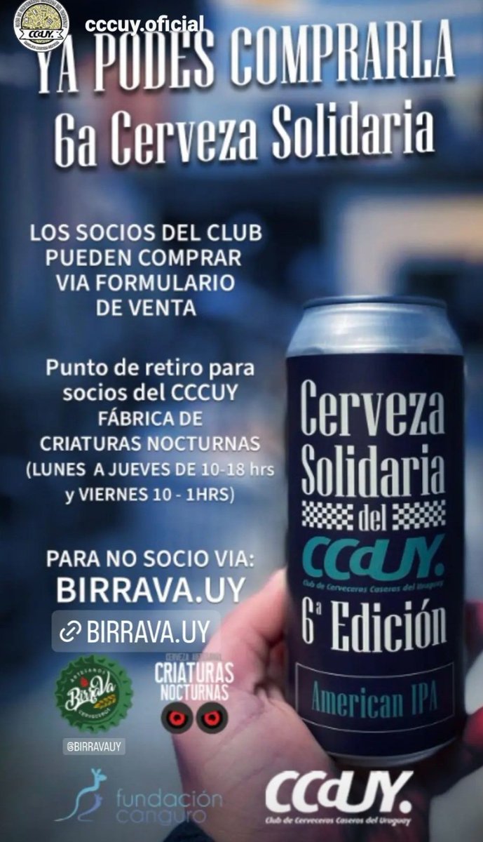 Ya salió la 6ta.edición de la cerveza solidaria a total beneficio de la Fundación Canguro <a href="/Fund_canguro_UY/">Fundación Canguro UY</a> 
Desde BirraVa colaboramos con la distribución. Todavía quedan algunas latas. Hermosa oportunidad de colaborar y disfrutar de una excelente birra. Gracias <a href="/cccuy_oficial/">Cerveceros Uruguay</a> 🍻