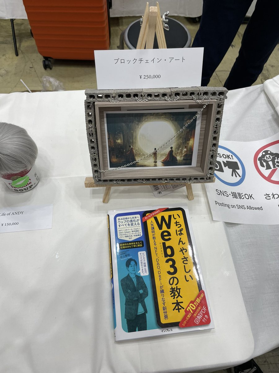 nya3_neko2's tweet photo. “”“ブロックチェイン“”“が売ってた。買うとこの有名で入手困難な本も付けてくれるらしい。これでたったの250,000円
#MFTokyo https://t.co/xs1T9IHAux