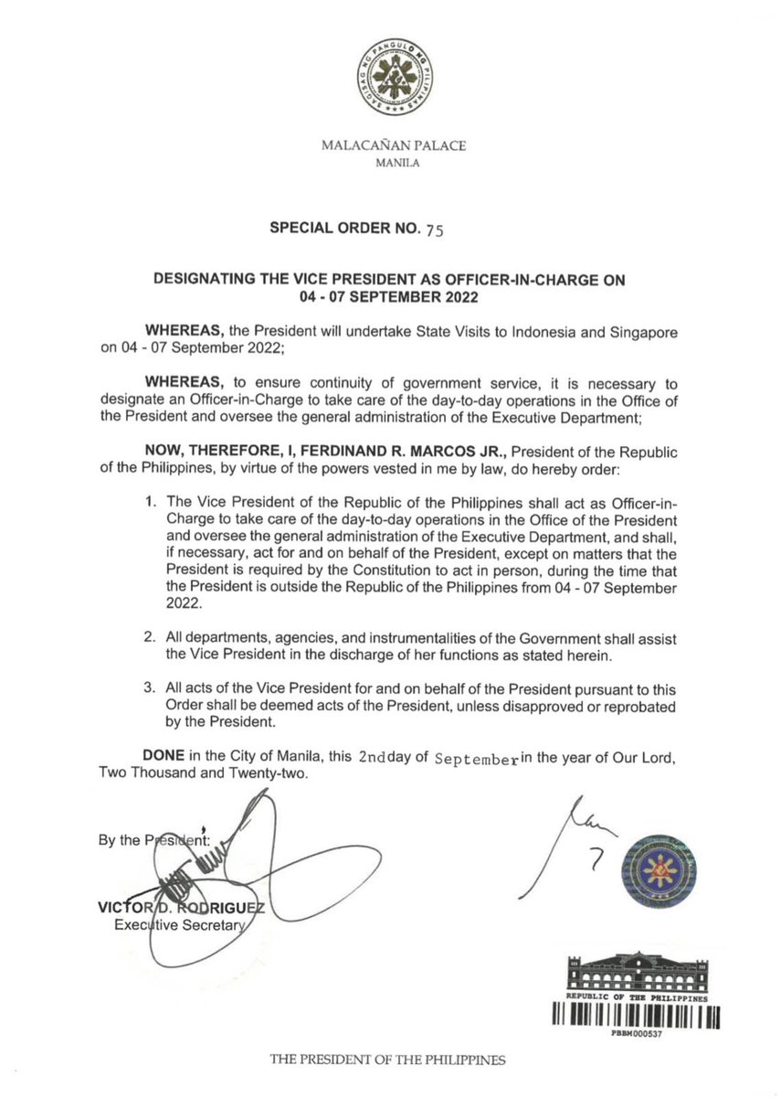 halili_maricel's tweet photo. Look | Vice President Sara Duterte will be the Officer-in-Charge while President Marcos undertakes State Visits in Indonesia and Singapore on September 4 to 7 @News5PH @onenewsph https://t.co/AqLSqtdY12