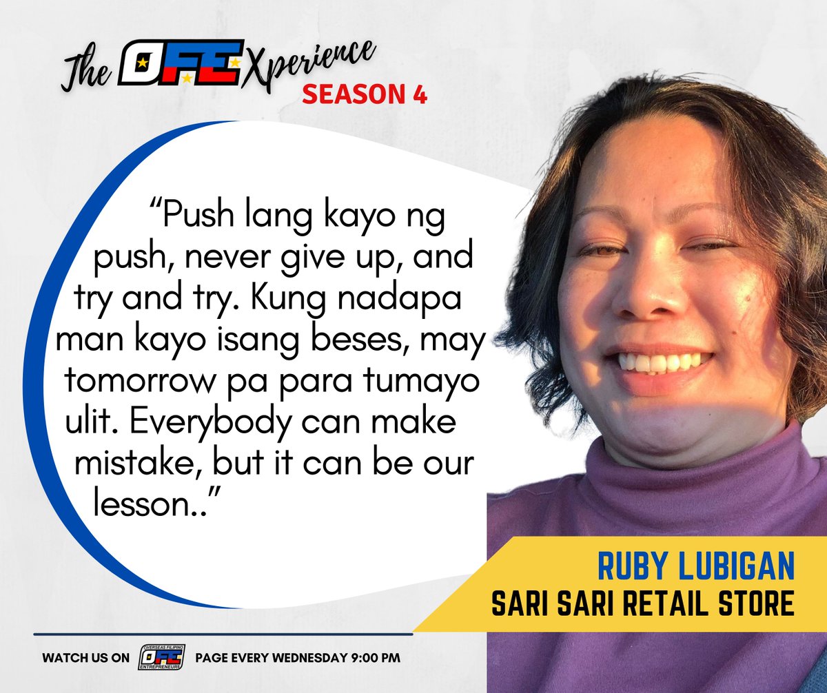 ofentrepreneur1's tweet photo. Halina't balikan ang kwento na ito para sa mga kasagutan, tips, and advice ng ating ka-OFE. Kung hindi mo pa ito napapanood, just click the link below:

Facebook: https://t.co/XwIoL3Zzei

Thank you, Ma’am Ruby Lubigan, for sharing your inspiring story with us. https://t.co/kvrVCf3LZ9