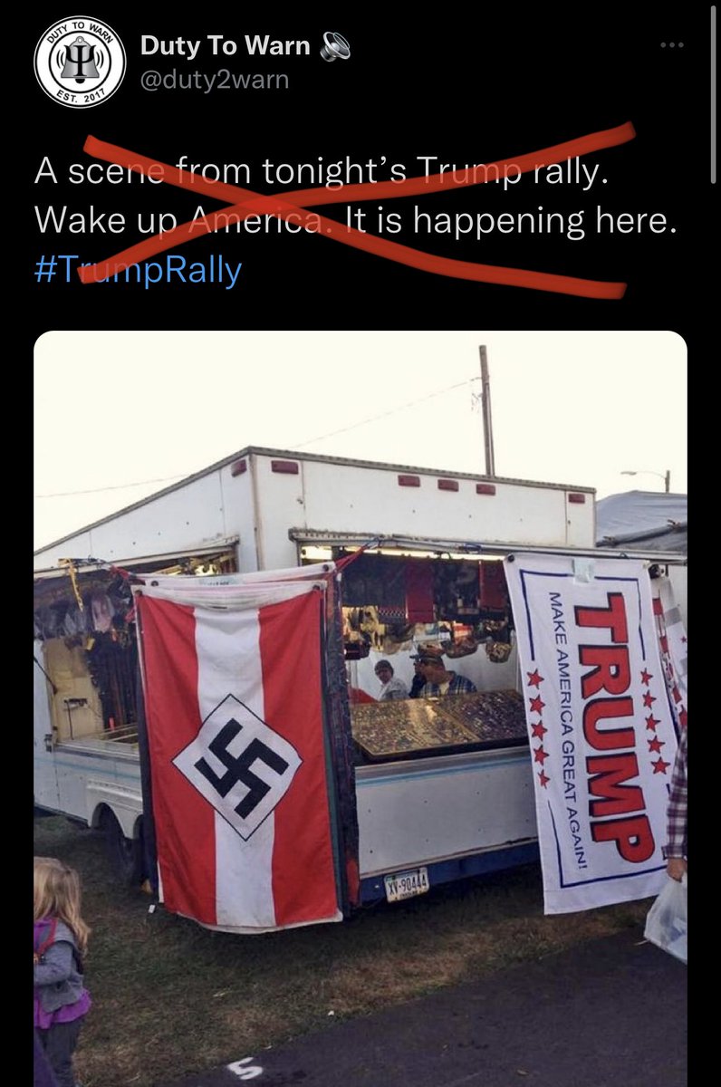 ddale8's tweet photo. This photo being shared as “a scene from tonight’s Trump rally” is actually from a town fair six years ago. (H/t @nezumi_ningen) Fair organizers confiscated the swastika and later kicked out the vendor behind this, who had a history of child porn crimes. https://t.co/xmdEH7DU9F https://t.co/SSFvMNEbzW
