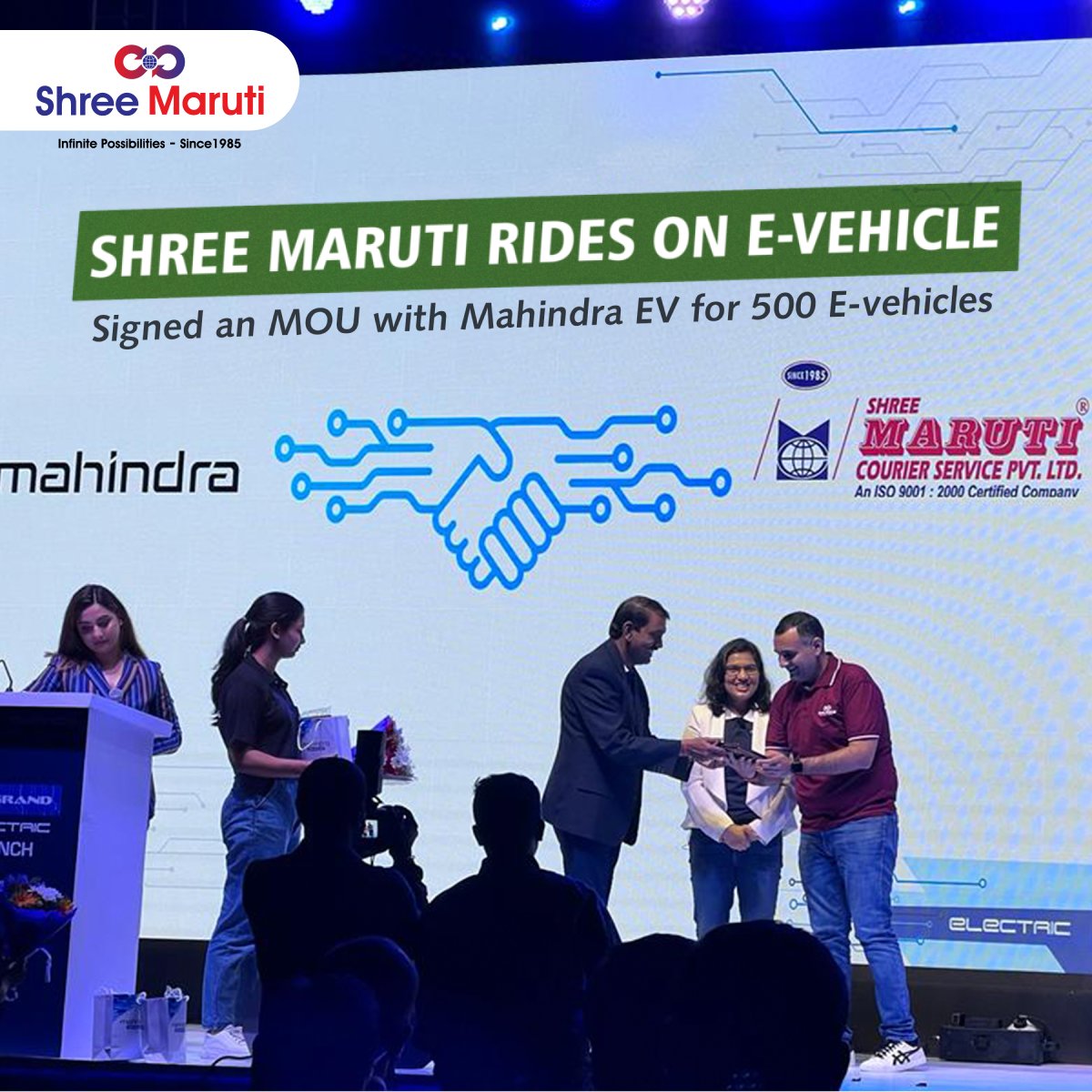 ShreeMaruti_Ind's tweet photo. We are thrilled to sign an MOU with Mahindra EV @mahindraelectric for 500 E- vehicles. This initiative is an attempt to reduce carbon footprints from the environment. 
#wespeakdelivery
.
.
.
.
.
.
#mahindra #EVs #sustainablesteps #environmentalgrowth #evehicles # https://t.co/pui2NupXH3