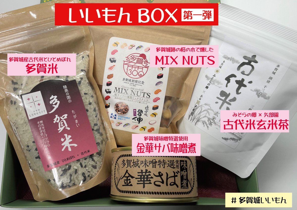 tagakan's tweet photo. いいもんBOXが抽選で50名さまに当たります！
あなたの多賀城おススメの味を教えてくださーい！
写真に「#多賀城いいもん」を付けてアップするだけ！
対象商品は多賀城のお店160店舗（割増商品券が使える店と同じ）から
https://t.co/oCVOT4obNt
多賀城いいもんゲットキャンペーンは９月３０日まで！ https://t.co/t4w1I8NPXL