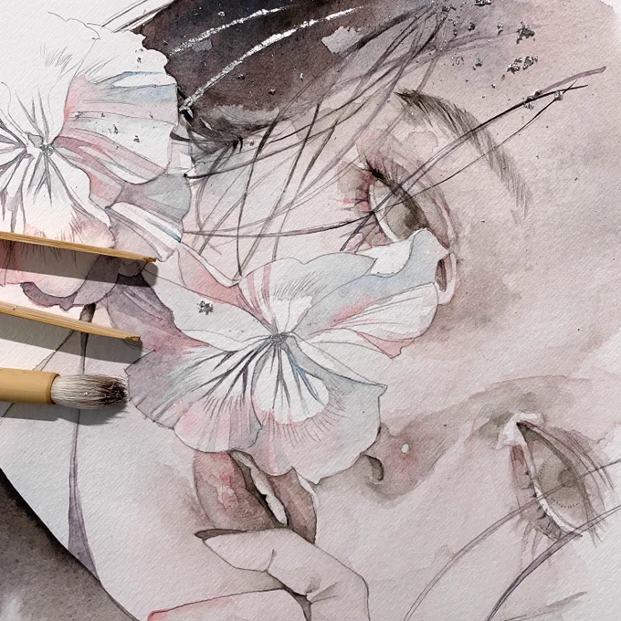 降り月(くだりづき)ファブリアーノ水彩紙・絵墨・水彩・アルミ箔 