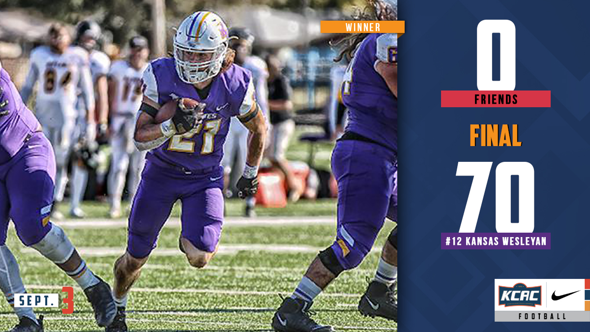 FINAL: <a href="/kwucoyotes/">Kansas Wesleyan Coyotes</a> begins their 2022 season with a statement win, defeating <a href="/FriendsFalcons/">𝗙𝗥𝗜𝗘𝗡𝗗𝗦 𝗙𝗔𝗟𝗖𝗢𝗡𝗦</a> 70-0! #KCACfb #KCACscores

2022 KCAC Football Standings: bit.ly/3wQNVU4

<a href="/NAIA/">NAIA</a> <a href="/NAIAFBALL/">NAIAFBALL</a>