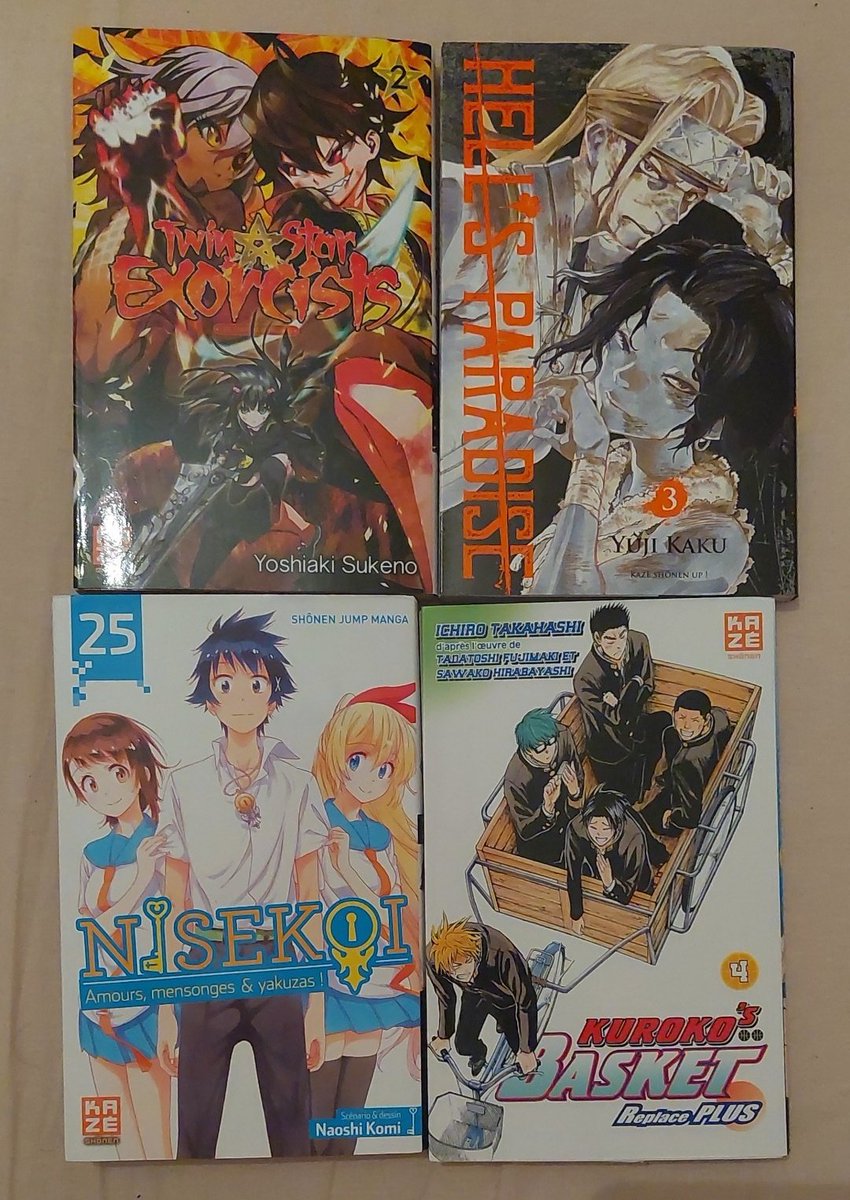 KreyDrear's tweet photo. Lectures de la semaine 😁
@KazeFrance
#TwinStarExorcists #HellSParadise #Nisekoi #KurokoSBasket #ReplacePlus https://t.co/yDa11GaGhr