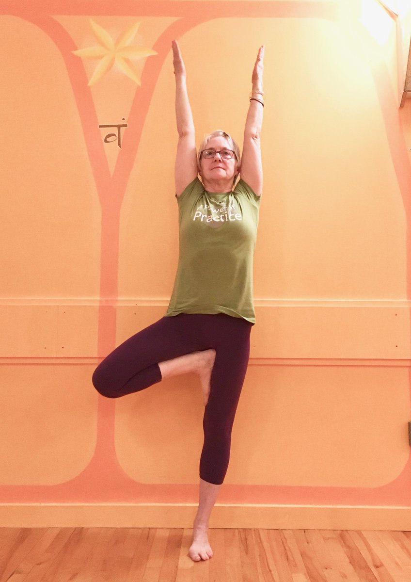 Open the groins for Vrksasana prep: Extend from the bent leg's inner thigh to the knee, pull back from the outer knee to the hip socket; keep the space as you bring your torso to vertical and place the foot on the inner thigh. Press foot into thigh, thigh into foot. #IyengarYoga