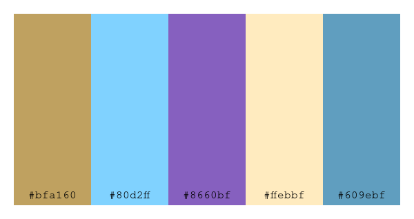ColPaletteBot's tweet photo. Beep beep, here's a pretty color palette for you!
color-scheme.js parameters used:
- hue: 72
- variation: light
- colors: #bfa160, #80d2ff, #8660bf, #ffebbf, #609ebf
Have a lovely evening!
#twitterbot #colorpalette #colors #palette #prettycolors https://t.co/mB8TNNxLmx