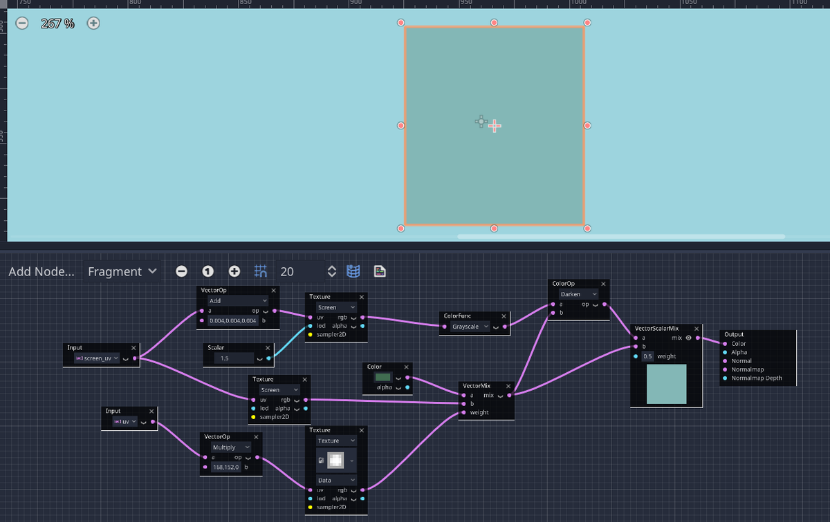 StormbringerWFP's tweet photo. @staticfruit Hi! Dumb question: how to aplly?
If a add this shadder in a sprite, i got a green retangle... if add in the parent node2d, nothing happen... What i'm doing wrong?
(copied visualshadder ipsis litteris) https://t.co/G7NQ43q3Lp