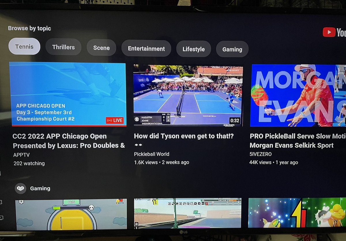 EllieEsse's tweet photo. @TeamYouTube Only my TVs…one is Sony and one is LG with Roku.  I did reinstall and signed in again, but I do already have the newest version from April 21. I’m certain the content creators have all of this tagged as pickleball, but the app is just recognizing it as tennis. https://t.co/pMNpSySti5