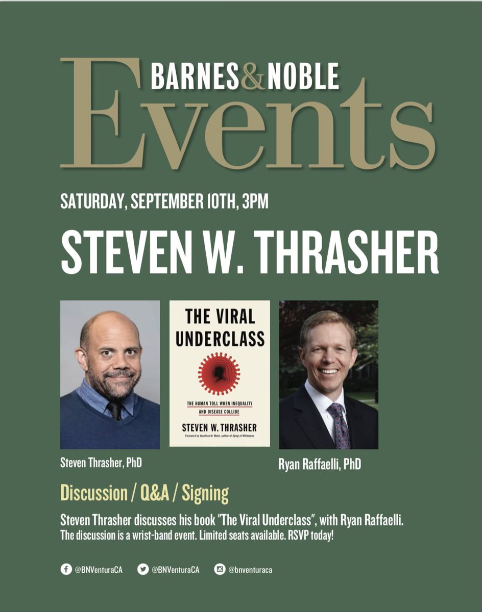 BNVenturaCA's tweet photo. Join us in welcoming @thrasherxy and @RyanLRaffaelli this Saturday, September 10th at 3pm where they will be having a discussion and Q&A on @thrasherxy book “The Viral Underclass”. Contact the store if you have any questions. #bnbuzz #barnesandnoble #bn232 https://t.co/P13O3zjtEv