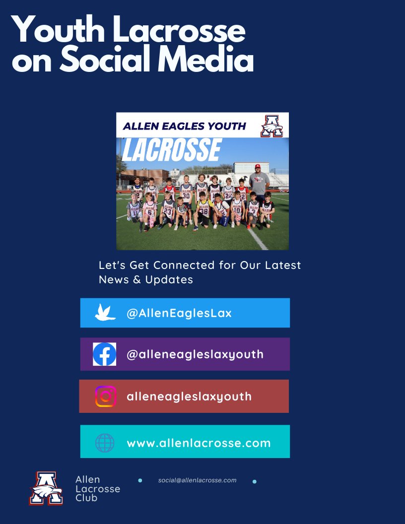 You can get all the latest news about Allen Youth Lacrosse on our new social media pages. 
We'll share all the latest info, highlights and happenings throughout the season – so stay tuned.  📰

Follow us now to stay up-to-date with everything we have to offer.
