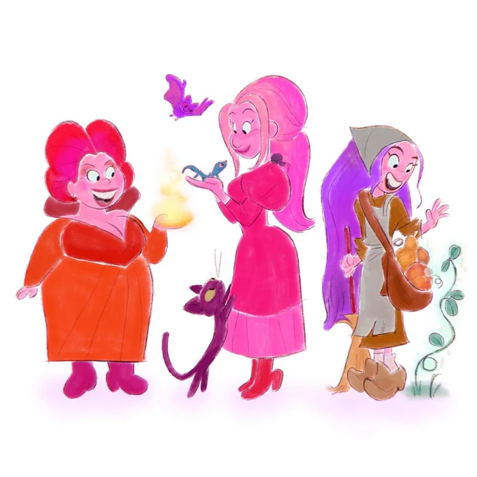 did a redraw from 2019 of these witch sisters! didn't even realize they have a merrywether fauna and flora vibe to them! wanted to push the designs to have a bit more personality and feel less paper doll like. (fourth image is original)  