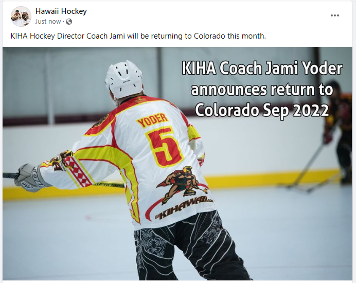 hawaiihockey1's tweet photo. Hawaii's Inline Hockey Director Jami Yoder will be moving back to Colorado this month. Who will be the next Kapolei Inline Head Coach? #jamiyoder #hawaiihockey #KIHA #hockeydirector #headcoach https://t.co/PVpC16ZmxH