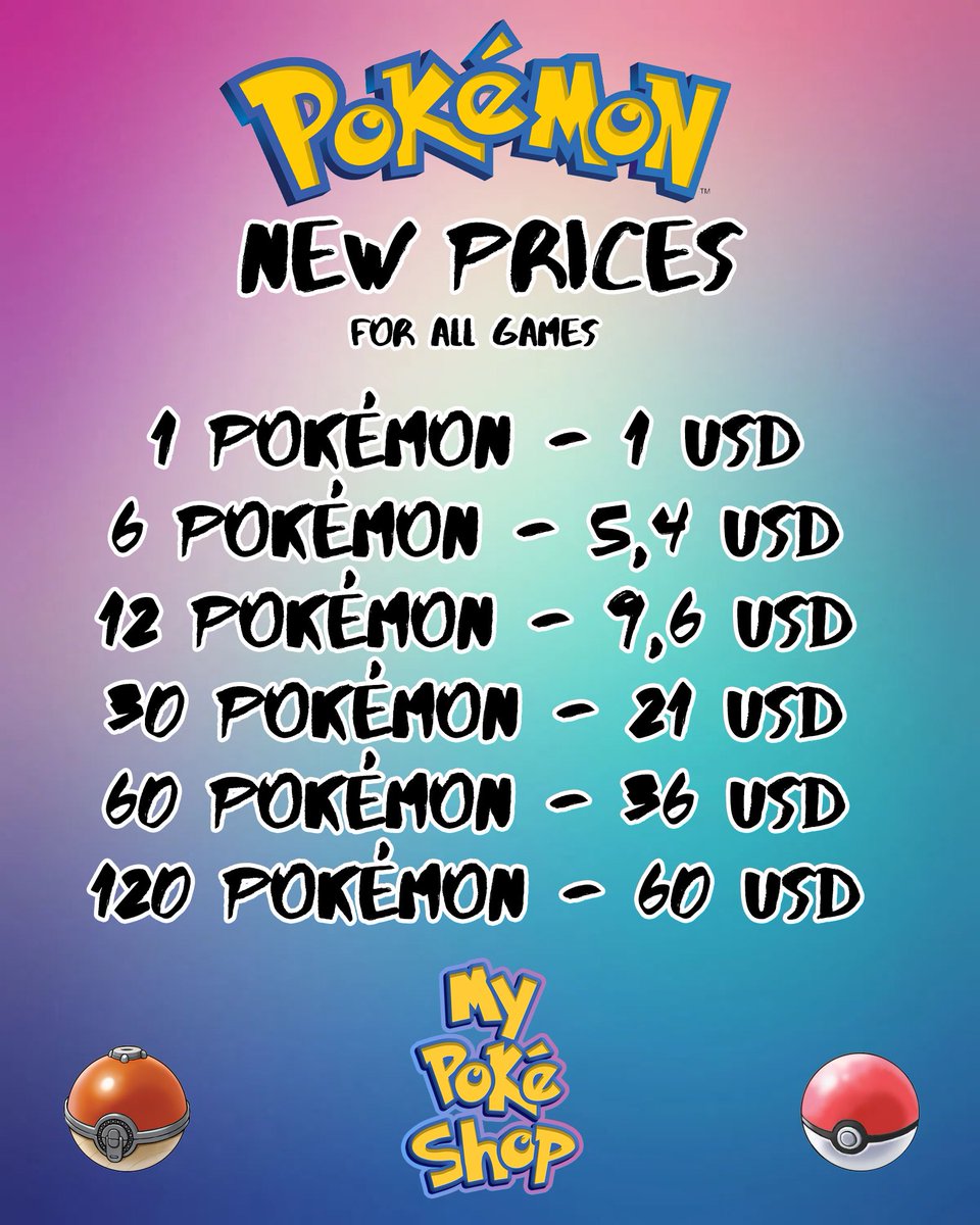 MyPokeShop's tweet photo. Esta es nuestra tabla de precios para que hagas tus pedidos con nosotros. Para cualquier juego de #Pokémon … si eres de Colombia escríbenos para ofertas especiales. #pokemonpresents #Pokemon 🙌🏻❤️ https://t.co/KlyKimnBMs