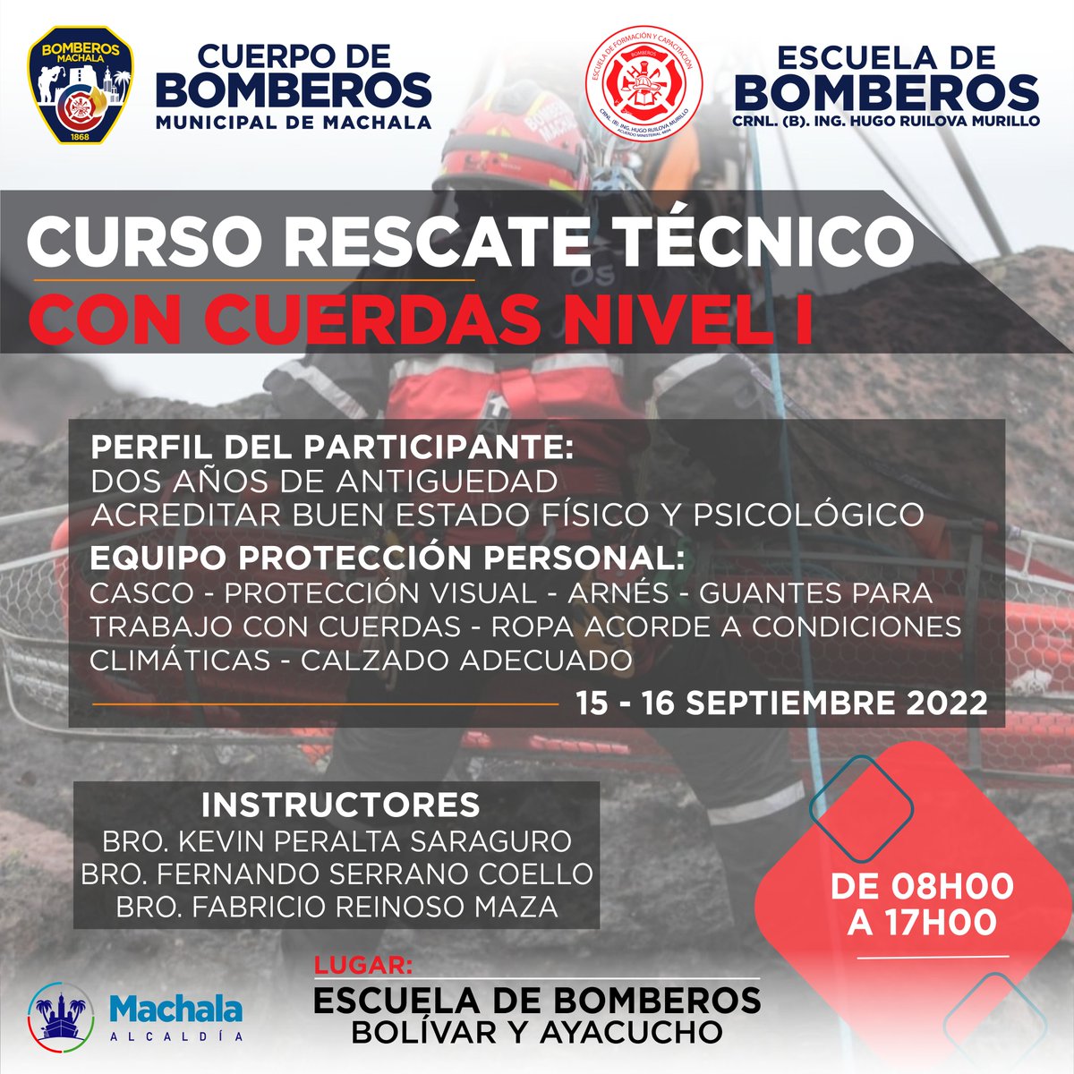 Curso de "Rescate Técnico con Cuerdas - Nivel I". Inscripciones aquí, cupos limitados. 🔽

n9.cl/99f3j

#BomberosMachala2022